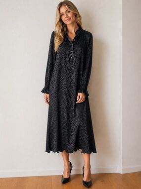 Maple & Cliff Black Satin Midi Dress – Subtle Leopard Texture, Belted (Size S)